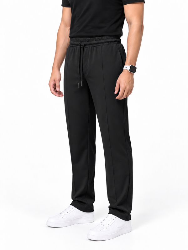 Men's Center Line Stitch Pleated Trousers – Premium Lycra - Black